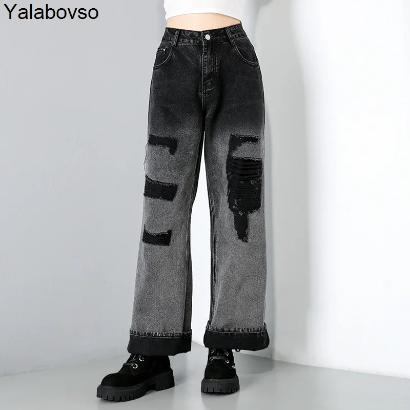 

2020 Winter New Washed Hole Softner Ripped Jeans Mujer For Women Dark Fashion Mid Waist Trousers Denim Wide Leg Yalabovso