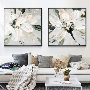 

White Peony Flowers hand-painted Abstract Oil Painting Modern Minimalist Duplex Villa Model Room Entrance Painting The Living Ro