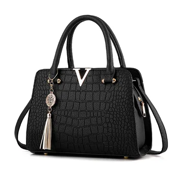 

High quality Solid Fashion women shoulder bags V style Leisure tassels decorated lady handbags crocodile woman bags totes