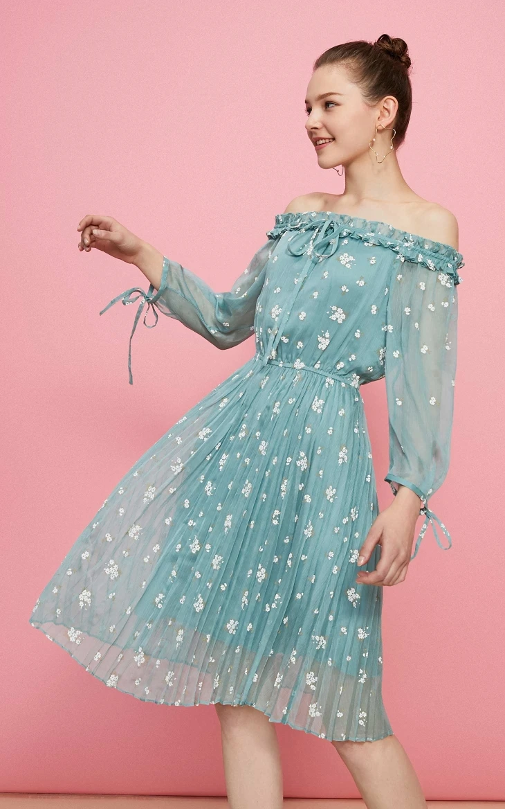 shoulder Chiffon Floral Dress 