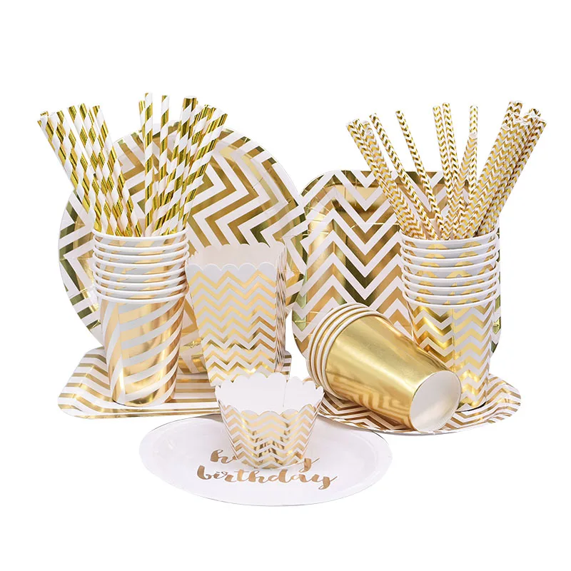 Gold Birthday Party Tableware Set Disposable Tableware Cup Plate Straws Wedding Party Decoration Kids Baby Shower Party Supplies