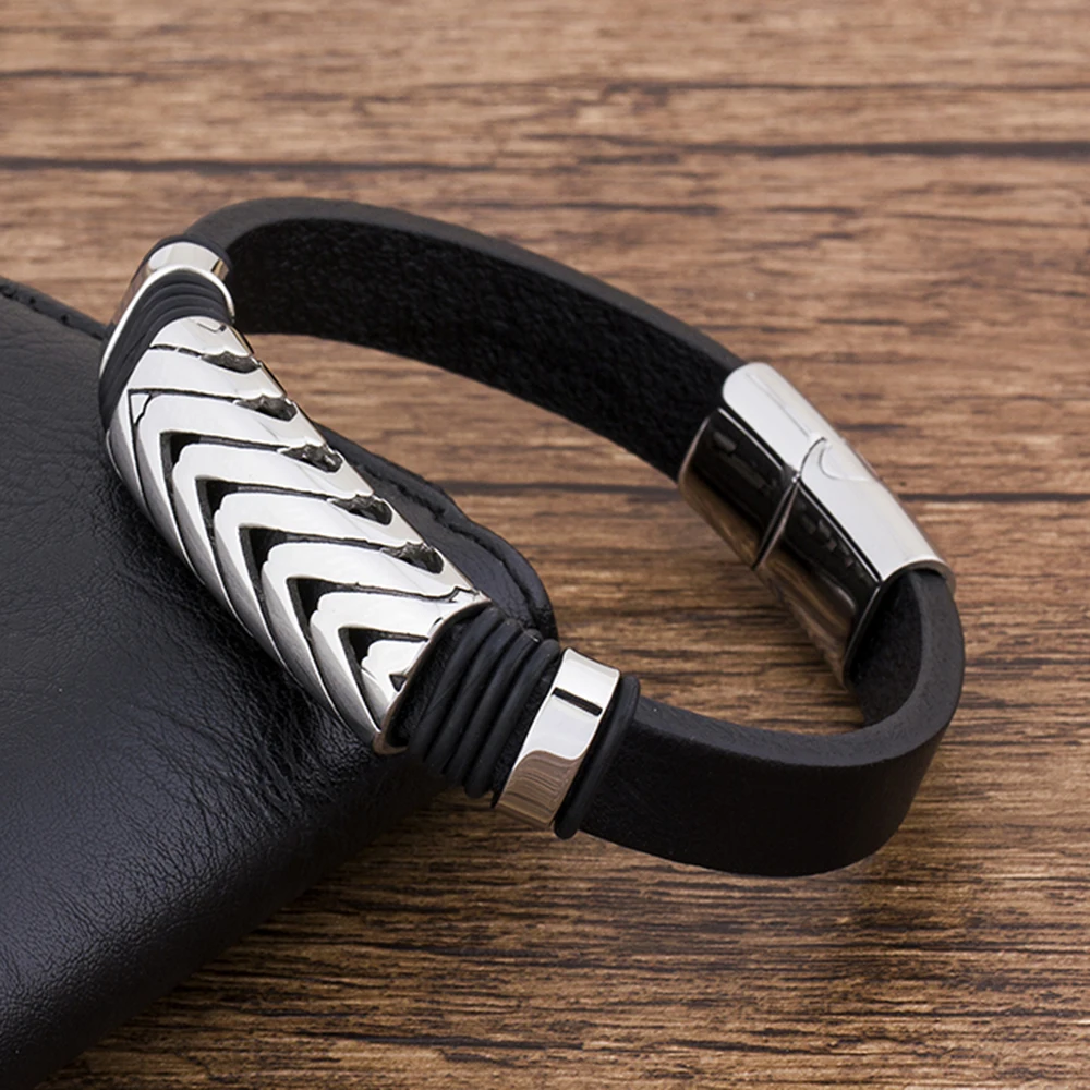 Stainless Steel Magenet Charm Black Genuine Leather Bracelet Jewelry