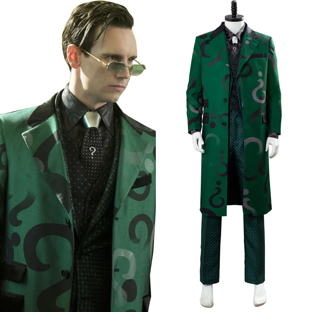 

Gotham Season 5 Cosplay The Riddler Edward Nygma Cosplay Costume Green Trench Coat Outfit Halloween Carnival Costumes