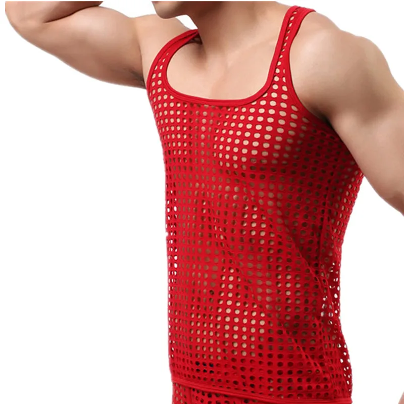 YUFEIDA сексуальное мужское нижнее белье жилет майки Нижние рубашки Полые дышащие топы для фитнеса эластичные прозрачные футболки - Цвет: Red