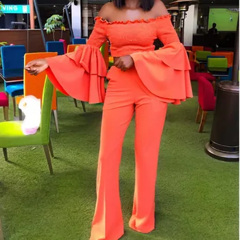 

Women Two Piece Outfits Long Flare Sleeve Off The Shoulder Short Top + Wide Leg Pants Two Piece Set Top And Pants Matching Sets