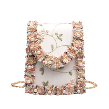 

LJL-Summer New Flip Cover Bag Pu Leather Lace Women'S Handbag Pearl Flower Chain Shoulder Messenger Bag