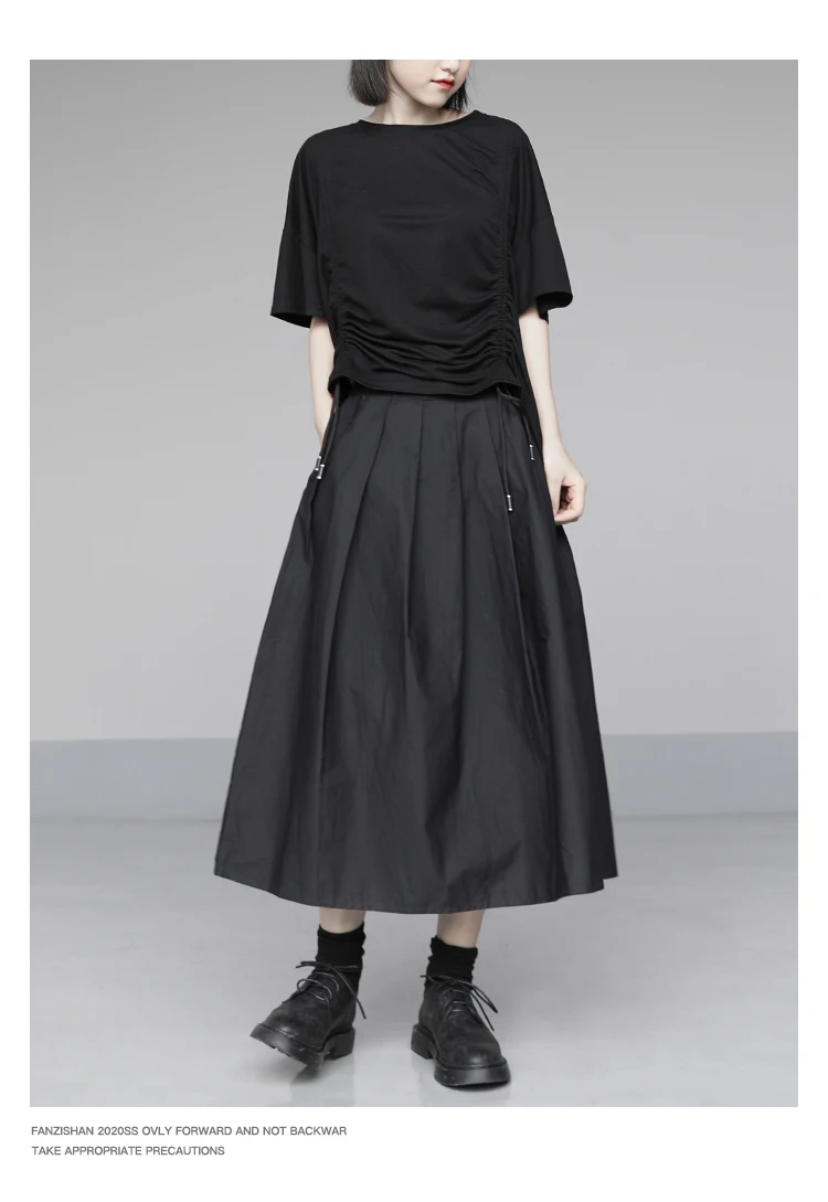 

New summer solid color with casual back slit cross design round neck slim pleated drawstring short-sleeved T-shirt