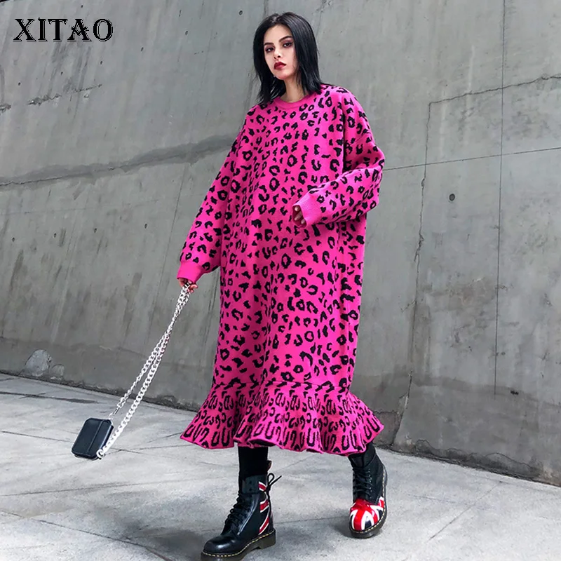 XITAO леопардовое длинное трикотажное платье женская мода новинка 2019 пуловер