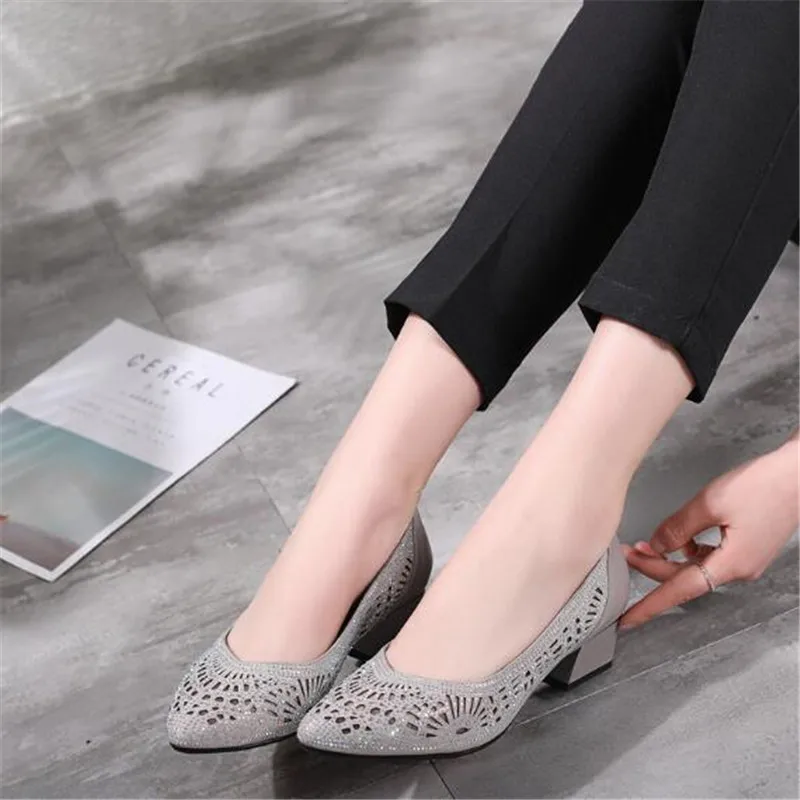 BEYARNE 2020 new summer fashion pumps cutouts women casual crystal ladies shoes high heels Tenis Feminino genuine leather