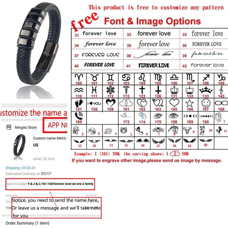 Stainless Steel Leather Bead Charm Bracelet For Men Women Family Name Bracelets
