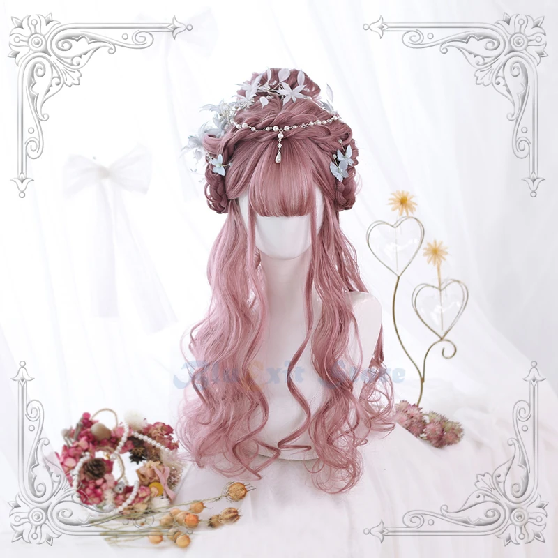 Gray Pink Lolita Wig Harajuku Fairy Curly Body Wave Cosplay Bangs Long Sweet Fringe Adult Girls Light Synthetic Hair |