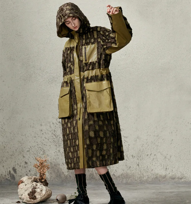 

Original Design AIGYPTOS Autumn Winter Women Casual Loose Soft PU Leather Patchwork Long Hooded Wool Coat Windproof Warm Jacket