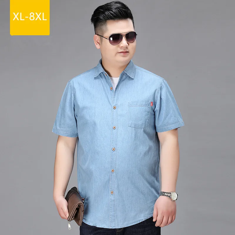 Denim Shirt Men Cotton Short Sleeve Summer Casual Jeans 5XL 6XL 7XL 8XL