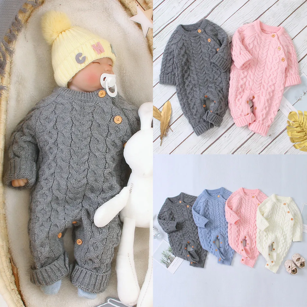 Зимний вязаный комбинезон с пуговицами для новорожденных мальчиков и девочек; комбинезон; свитер; Теплая Одежда для новорожденных; костюм для детей 2 лет