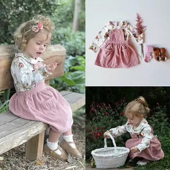 

New Brand Infant Girls Kid Dress Floral Doll Collar Long Sleeve Tops Flower Lace Blouse Strap Clothes Bohemian Autumn Set