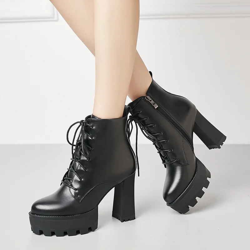 

Genuine Leather High With Boots Waterproof Platform With Head Short Boots Cowhide Woman Boots