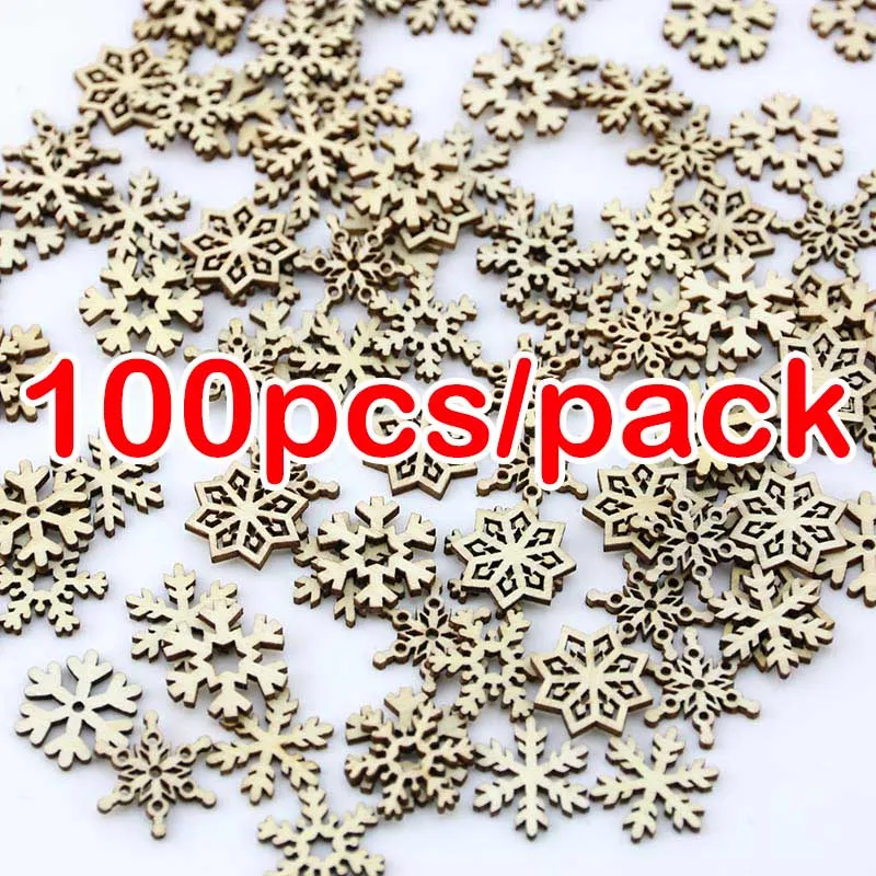 (100pcs/pack) 25mm Wooden Shape Snowflakes Mix Christmas Tree Ornaments Pendants Snowflakes New Year Decor For Home