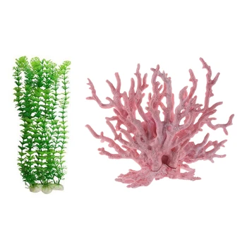 

3 Pcs Green Plastic Hottonia Inflata Plant for Aquarium Fish Tank & 1pcs Pink Coral Shaped Decoration Ornament