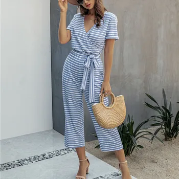 

Summer Casual Striped Jumpsuits Women Short Sleeve V Neck Lace Up Ankle Length Pants Loose Jumpsuits 2020