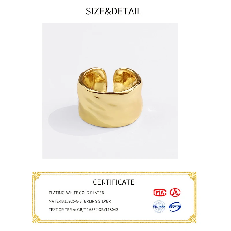 925 Sterling Silver Wiede Simple Gold Color Rings Retro Distressed Opening Handmade Ring Fashion Fine Jewelry