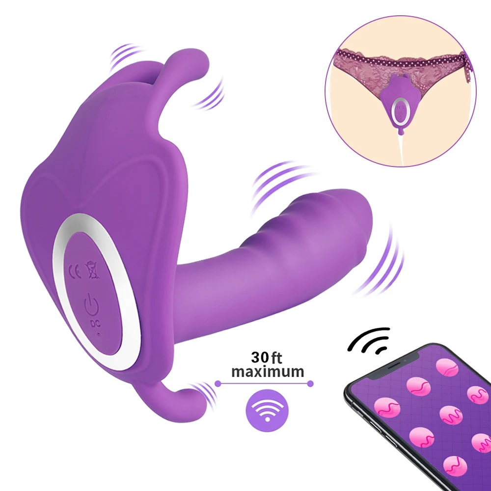 V Tragbare APP für Frauen Dildo G-punkt Klitoris Stimulator Drahtlose Fernbedienung Schmetterling V Höschen Strap-on Dildo_voghion.com