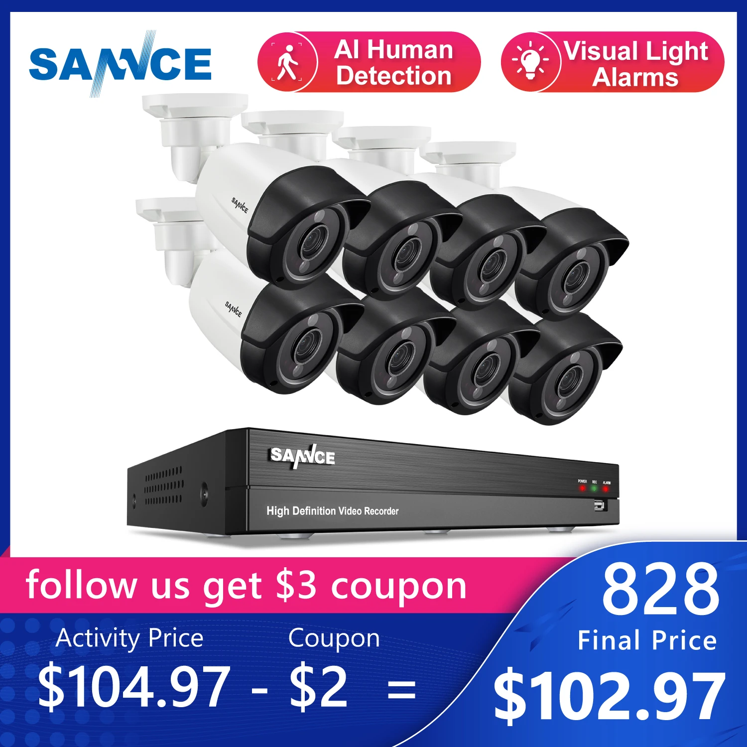 SANNCE 8CH 5MP N سوبر HD فيديو الأمن نظام H.264 + DVR مع 4X 8X 5MP رصاصة في الهواء الطلق كاميرا سي سي تي في مقاومة للمياه عدة كشف بالنيابة|نظام مراقبة| - AliExpress
