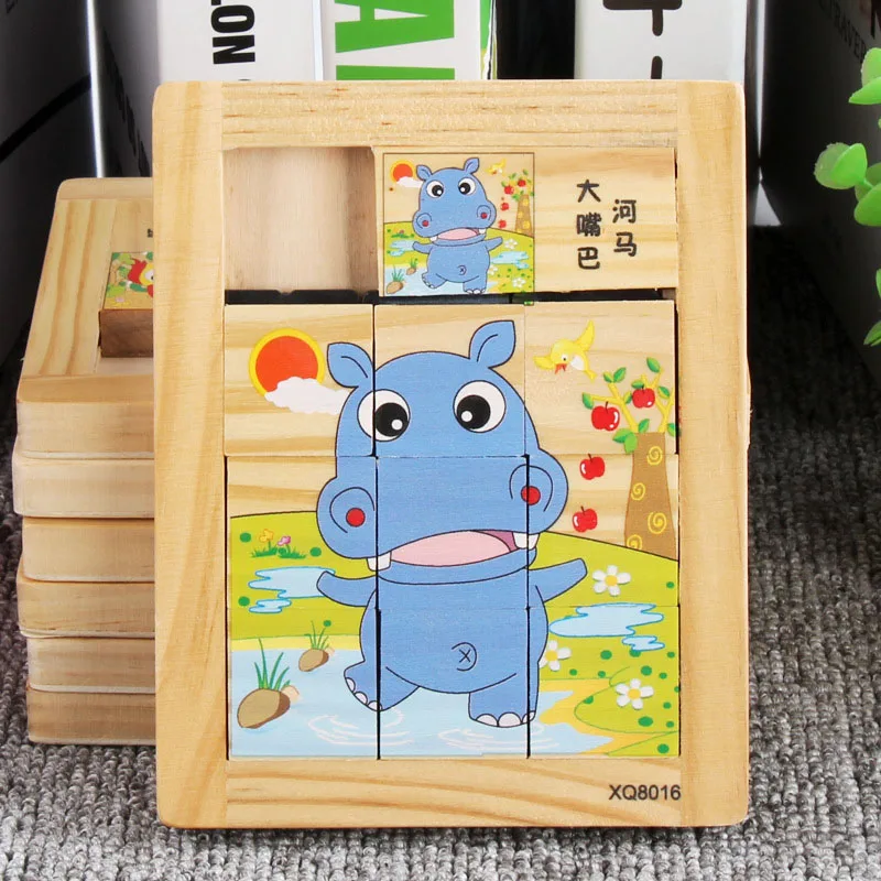 Hippo 9 шт. доска-головоломка в сборе для раннего обучения детей Монтессори игрушки 3D деревянные головоломки для детей 3 лет портативный - Цвет: Hippo