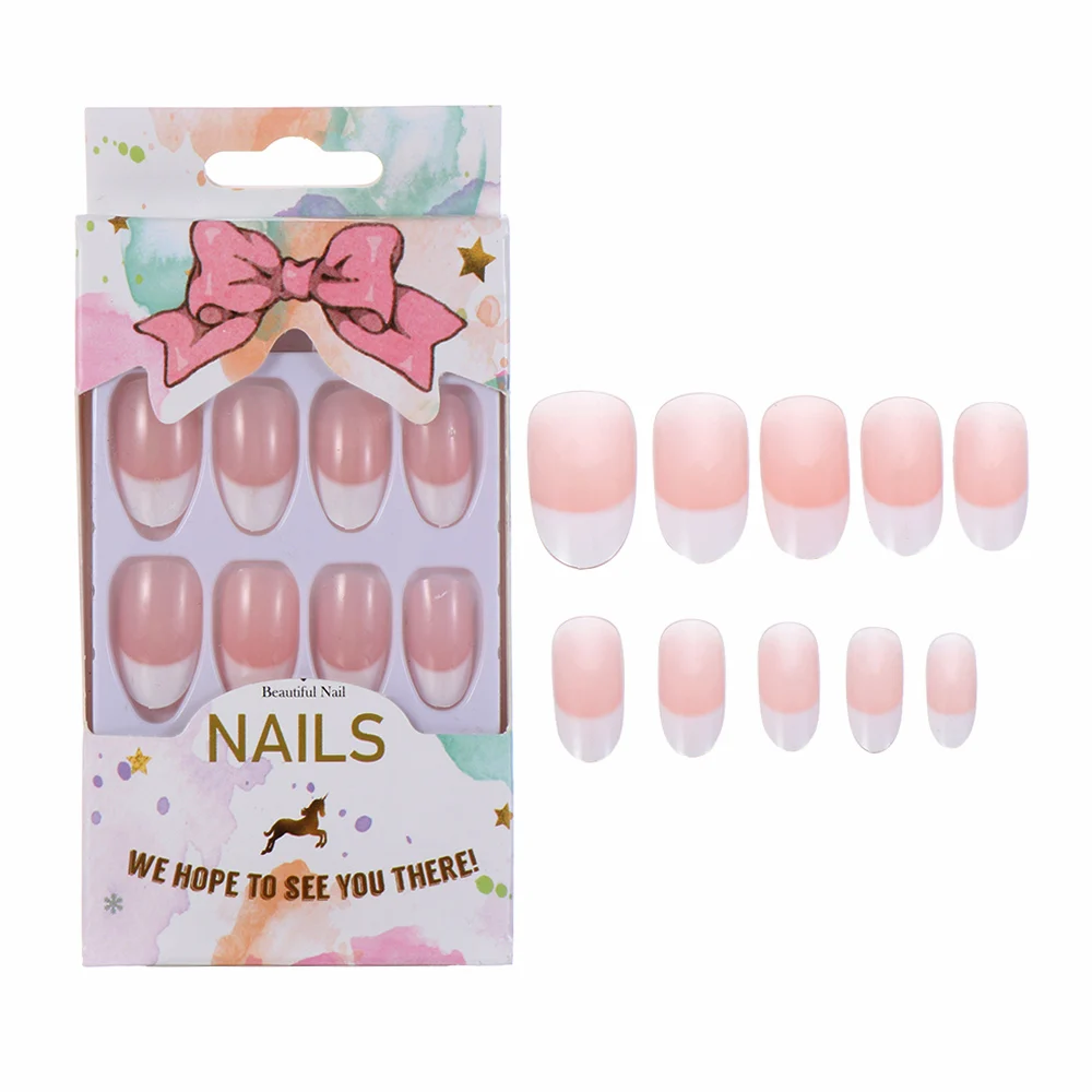 HotPopular White Gradient Jelly Nude French False Nails With Glue Pink Medium Natural Sharp Full Cover Fake Manicure Tools | Красота и