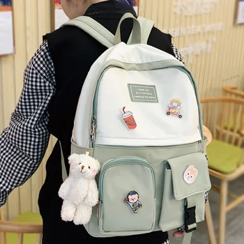 

New Multi - pocket contrast color cute girl backpack Portable waterproof nylon Women Backpack Schoolbag for teenage girls