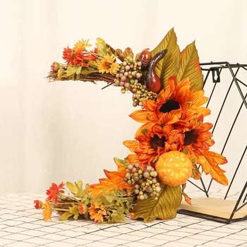 

HOT Fall Wreath Maples Leaves Pumpkin Sun Flowers Wreath Moon-shaped for Halloween Thanksgiving Day Home Decoration NDS