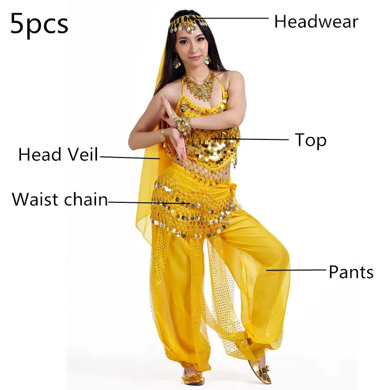 5pcs-Yellow Костюмы для танца живота для продажи, штаны для женщин, Болливуд, индийский Египетский танец живота, платье для танцев размера плюс, для взрослых, для женщин, индийский, Новинка - Цвет: 5pcs-Yellow