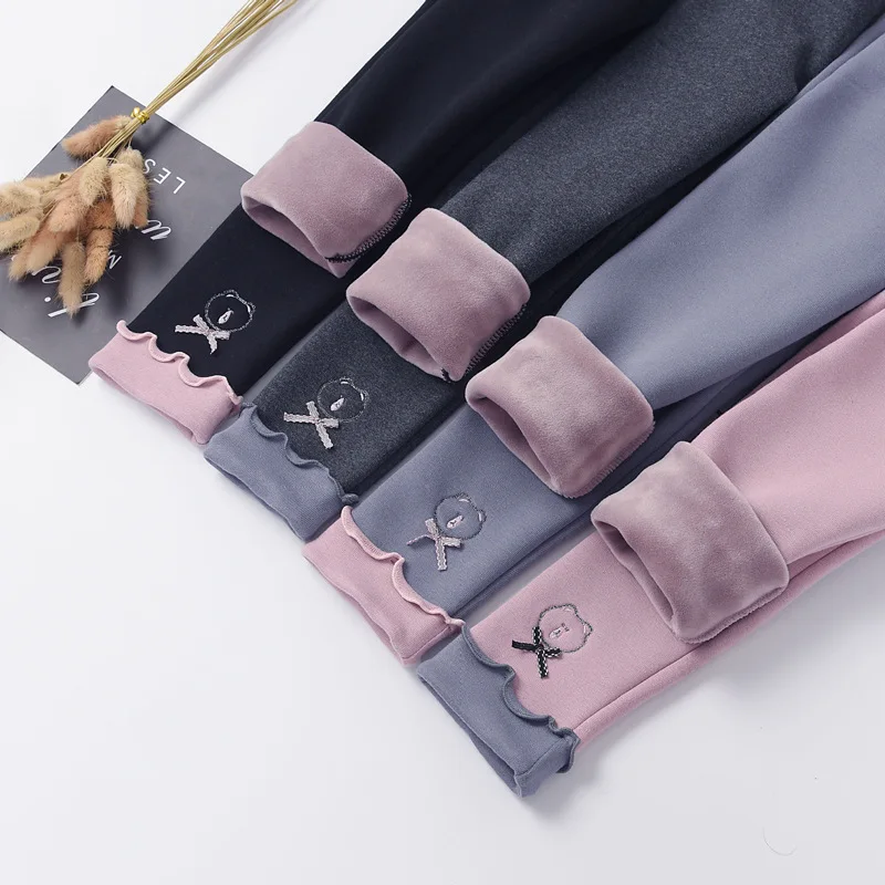 

Winter Leggings For Girls Plus Velvet Thicken Casual Trousers Baby Girl Warm Leggins With Skirt Cartoon Bear Leggings For Kids