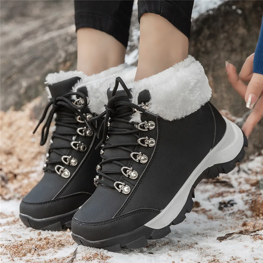 Women Winter Plus Velvet Warmer Hiking Snow Boots Keep warm fur plush Insole shoes woman Casual Cotton Lace-Up Flat Sneakers