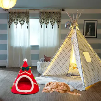 

Xmas Tree Shape Pet Dog Cat Cave Sleeping Bed Half Closed Warm Soft Winter Cats Dog Cage Bed Xmas Gift