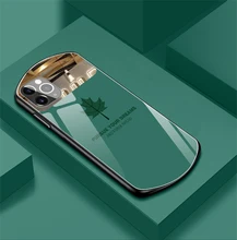 

For iPhone SE2 6 6S 7 8 Plus 11 Pro 12 Mini XR XS Max Oval Silicone Maple Leaf Mirror Cover Luxury Tempered Glass Phone Case