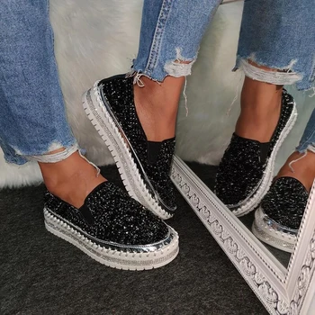 

Women Sneaker Black Platform Shoes Casual Breathable Crystal Bling Lace Up Sport Sequins Ladies Shoes 2020 NEW