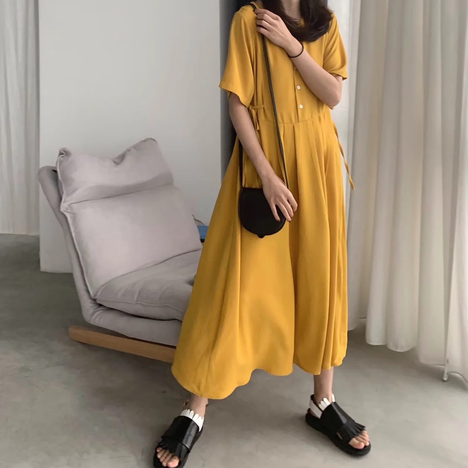 

Front And Back Double Purpose! Black And White with Pattern Short-sleeve Dress 2019 New Style Summer Loose Korean-style Elegant