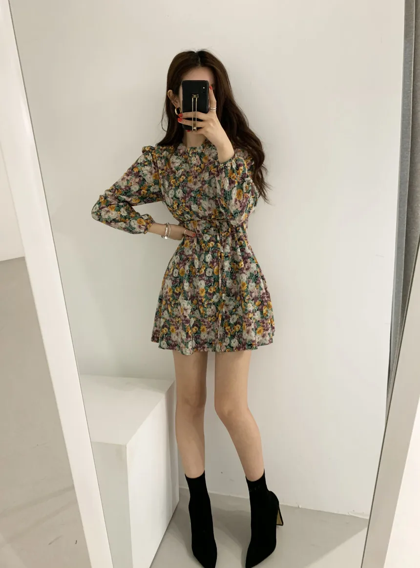 Hd58d86c5b76949b0b56f8951361cff7b0 - Spring Korean O-Neck Long Sleeves Floral Print Lace-Up Slim Mini Dress