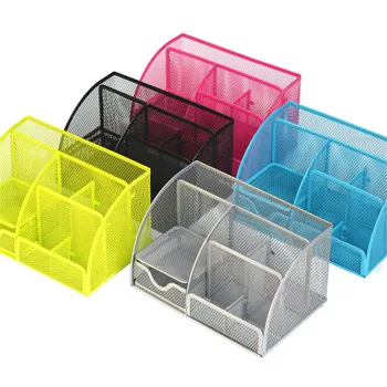 

7 Grid Multifuction Stationery Desk Organizer Pen Holder Metal Mesh Desktop Office Pencil Holder Study Storage Anti-Scratch Pads