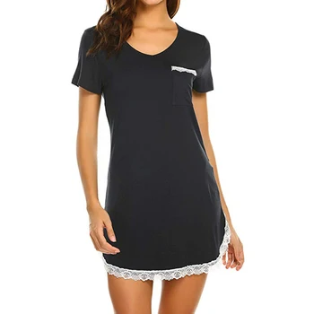 

Women Sexy Nghitdress Cotton Solid Color Lace Stitching V Neck Short Sleeve Nightdress Lingerie Home Clothing