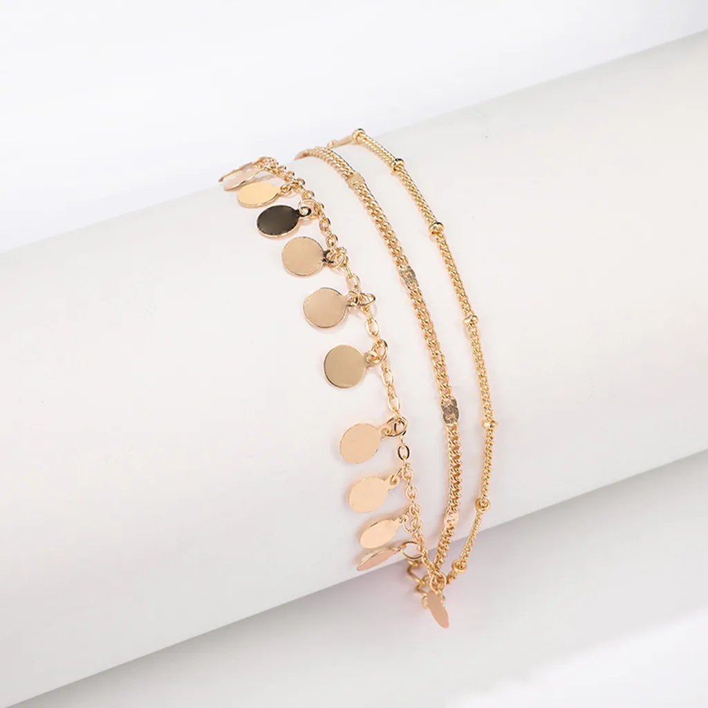 3 Piece Set Leg Chain Round Piece Sequin Alloy Anklet Beach Ankletwomen Barefoot Crochet Bracciale Da Donna Accesorios Mujer