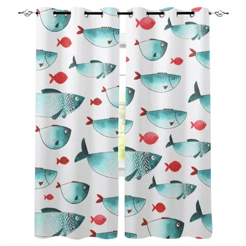 

Cute Blue Fish Window Curtains LivingRoom Kitchen Curtains for Bedroom Left and Right Biparting Open Curtains