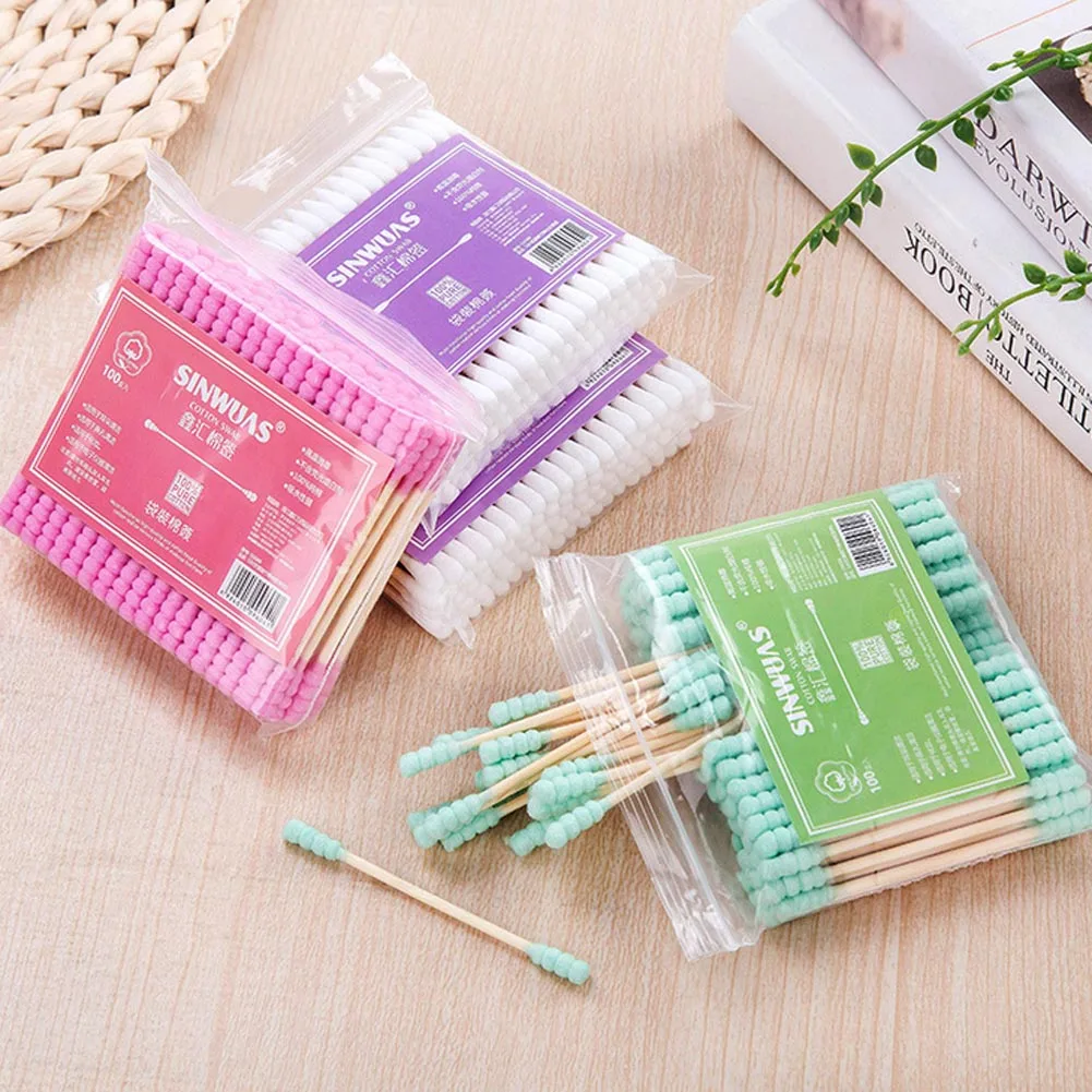 

100Pcs Double Head Cotton Swab Wooden Spiral Bamboo Sticks Beauty Makeup Nose Ears Cleaning Disposable Cotton Swabs for Home