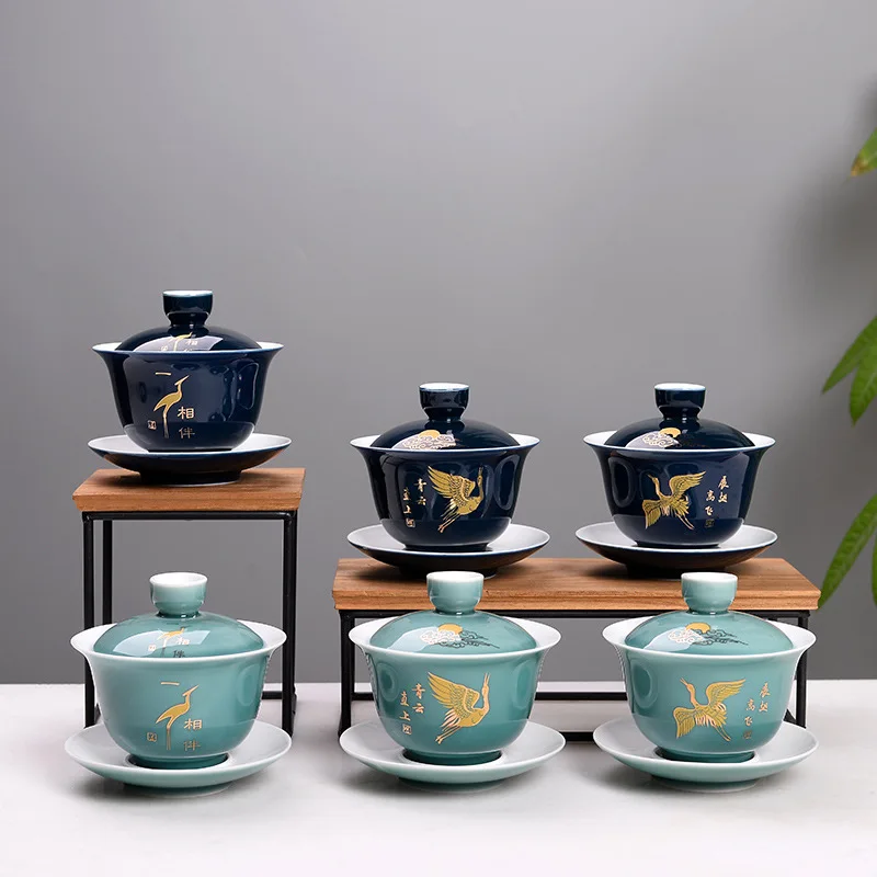 

Blue Celadon Three-force Tureen Creative Kung Fu Tea Set Tea Bowl Customizable Ceramic Large Size Tureen Tea Cup