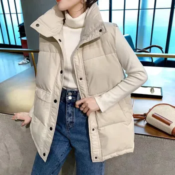 

Winter Korean Women Down Vest Waistcoat Thick Warm Sleeveless Female Vests 2019 Stand Collar Single Breasted Fashion Ladies Coat