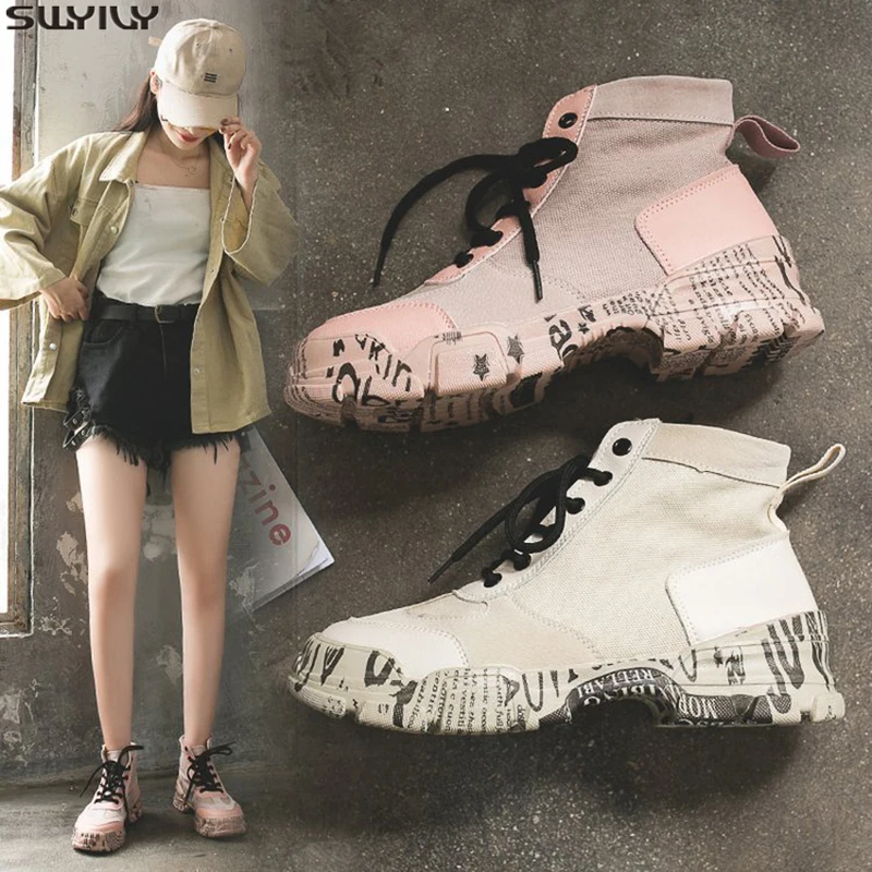 

SWYIVY Casual Shoes Woman Boots Canvas Shoes Woman 2019 Solid Autumn Ankle Boots Female Shoes Flat Women Platform Martin Booties