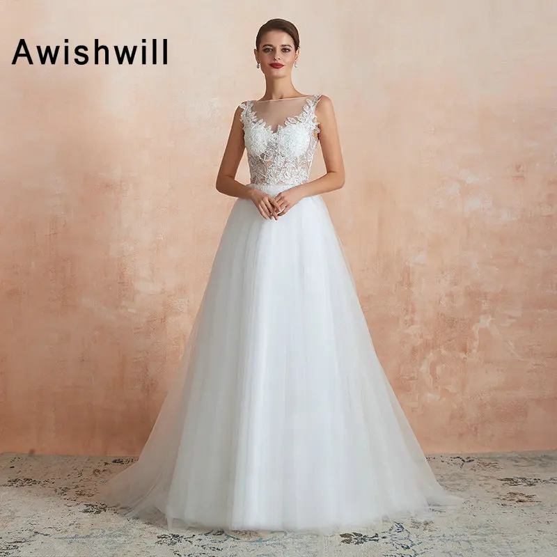 Белые свадебные платья цвета слоновой кости Vestido de Noiva аппликации с блестками трапециевидной формы без рукавов Тюль прозрачная невеста, свадебное платье