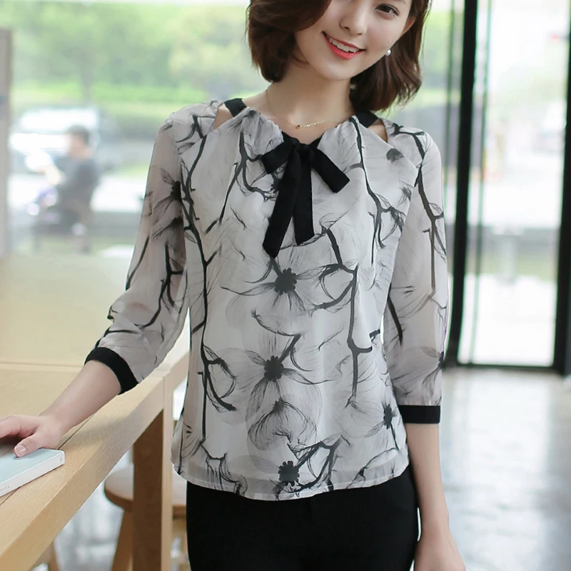 Женские топы блузки с бантом 2020 блузы женская одежда принтом блузка шифоновая