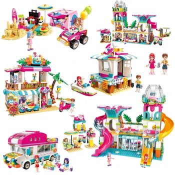

Girls Seaside Beach Slide Amusement Park House Party Dolphin Rescue Building Blocks Sets Bricks Lepining Friends Children Toy
