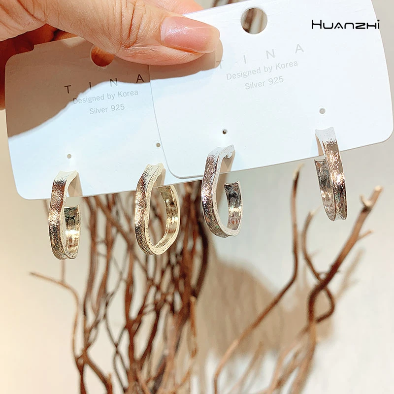 HUANZHI S925 Серебряные трендовые Простые индивидуальные круглые металлические серьги для женщин вечерние подарки для девушек
